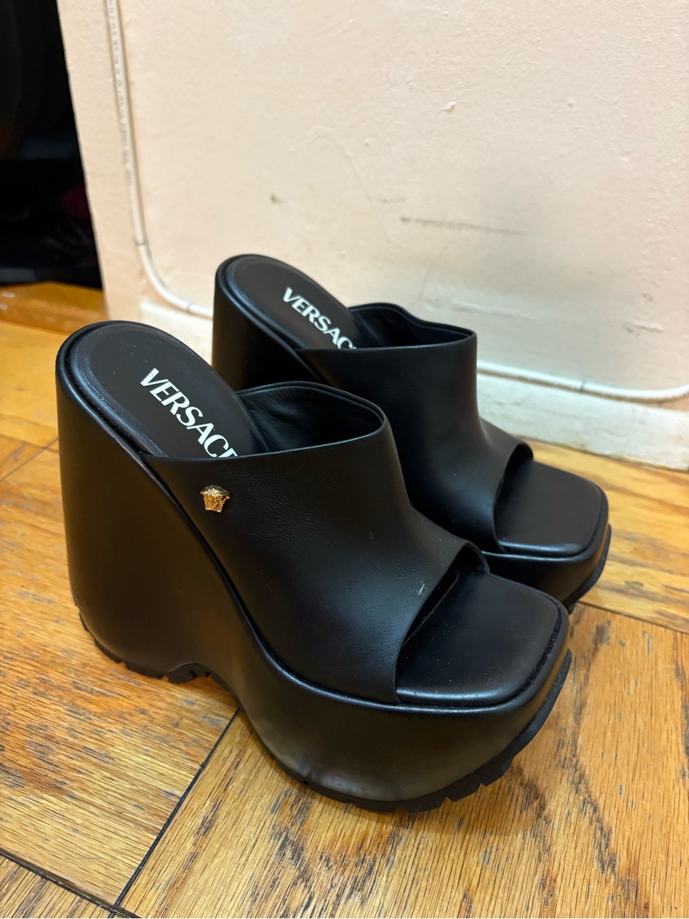 Versace Black Leather Platform Slide Wedges with Gold Medusa Accent
